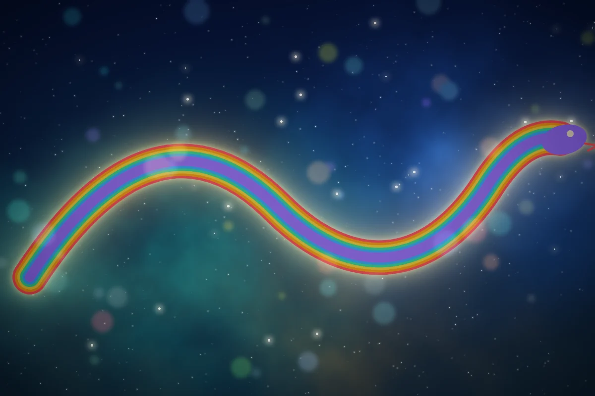 Un serpent aux couleurs de l'arc-en-ciel ondule dans un ciel étoilé