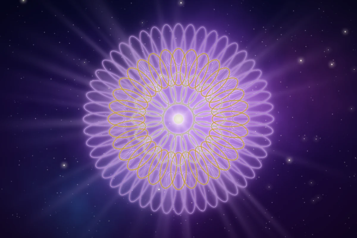 Un lotus lumineux aux nombreux pétales dorés et violets