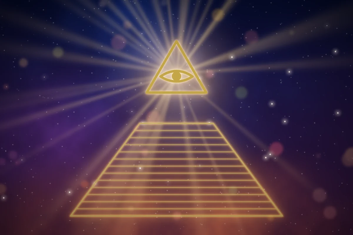 Une pyramide inachevée surmontée d'un œil dans un triangle rayonnant