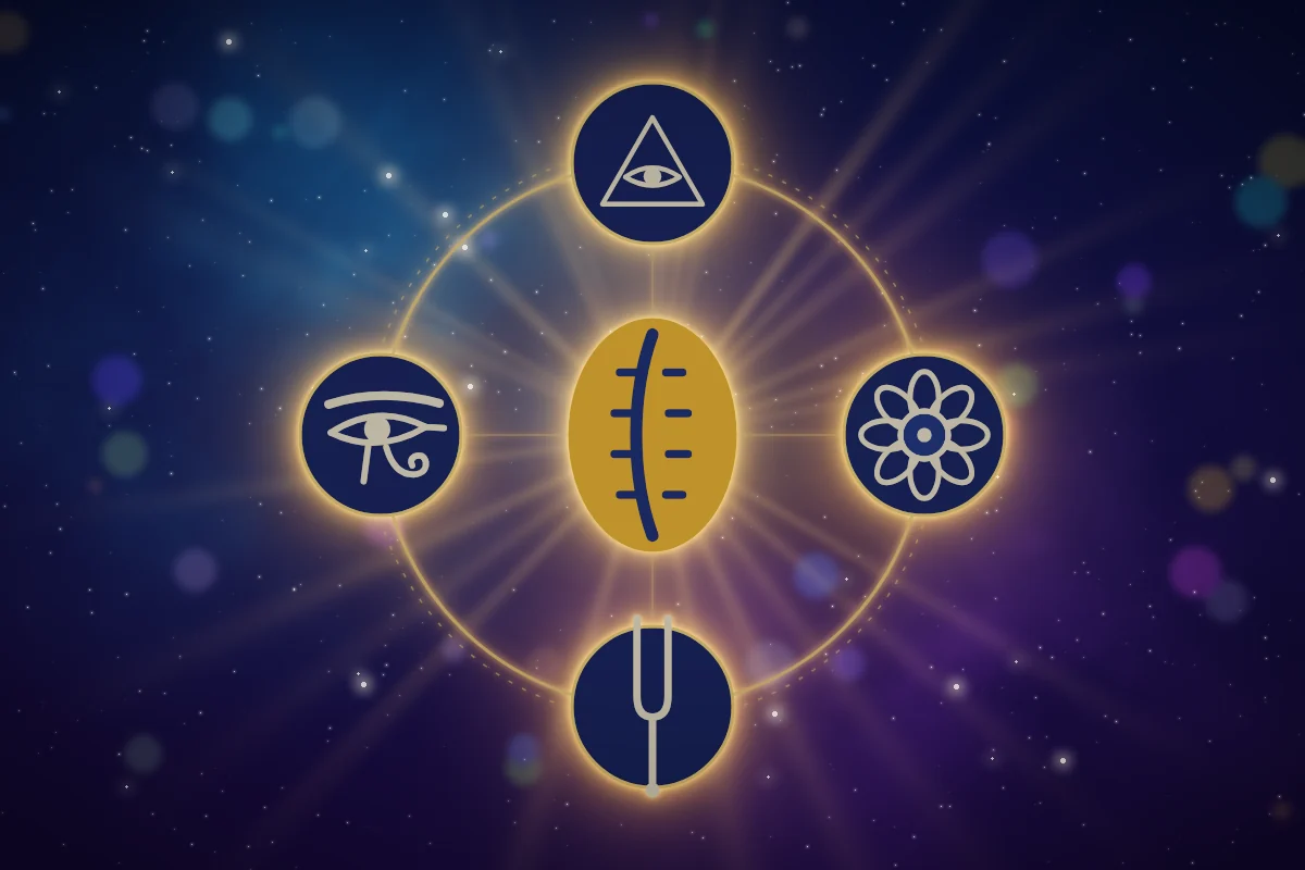 Quatre symboles dessinés en or sur fond indigo : œil d'Horus, œil dans un triangle, lotus et cauri